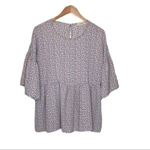 Rokoko Womens Size S Babydoll Pullover Top Bell Sleeve Keyhole Floral Stretch